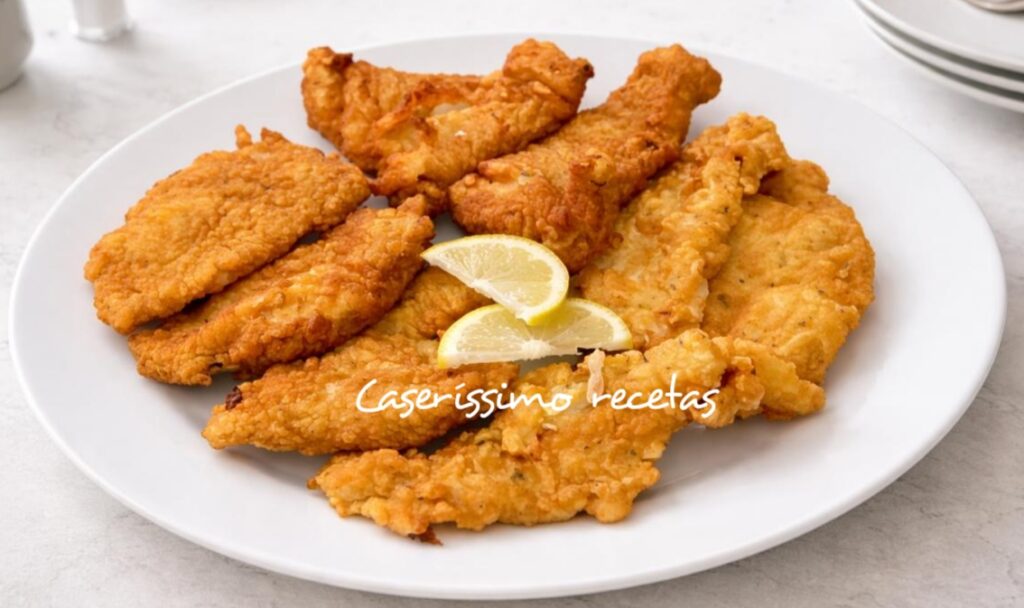 Marineras o escalopes de pollo fritos y dorados recién hechos